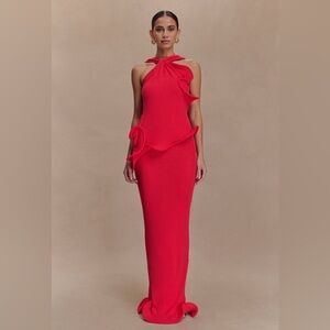 Meshki Caprice Halter Knit Maxi Dress Ruffles Mermaid Gown Red XXS